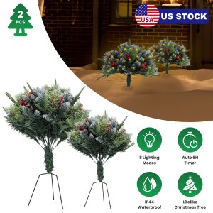 2Pcs Christmas Tree Urn Filler With Light Artificial Lighted Xmas Trees Light With Cones Berries Holiday Planter Filler LED Pathway Pine Tree IP44 Waterproof With Tripod Stake 50 Beads