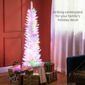 HOMCOM 5ft Tall Pencil Prelit Artificial Christmas Tree Holiday Decor With 250 Colorful Surface Branches, 150 Colorful LED Lights, White