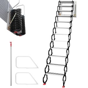Attic Steps Pull Down 12 Steps Attic Stairs Alloy Attic Access Ladder, Black Pulldown Attic Stairs, Wall-mounted Folding Stairs For Attic, Retractable Attic Ladder With Armrests, 9.8 Feet Height