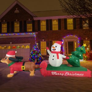 Dachshund Pulling A Snowman LED Light-up Inflatable Model Patio Christmas Tree Gift Ornament