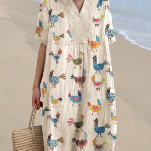 Women's Printed Blouse Dress With Pocket, V-neck, And Short Sleeves