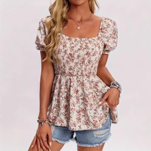 Women's Casual Square Neck Smocked Floral Vacation Blouse
