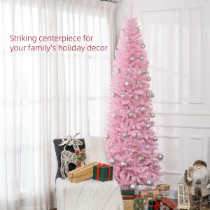 HOMCOM 8' Tall Unlit Slim Douglas Fir Artificial Christmas Tree With 1168 Realistic Branch Tips, Pink