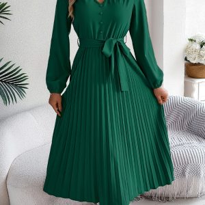Women's Elegant V-Neck Button Tie-Waist Flared Pleated Maxi Dress