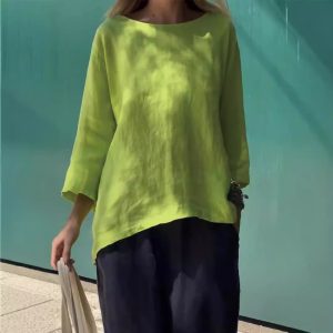 Women's Loose Linen Cotton Round Neck Long Sleeve Shirt