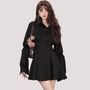 French-style Black Long-sleeved Waist-cinching Figure-flattering Dress