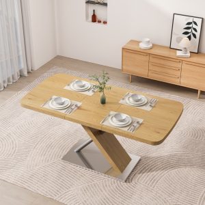 47.25 -63 Dining Table, Original Wood Color, Seating 4-6 People, Retractable Table, Cross Metal Base And Stainless Steel Tubing Natural