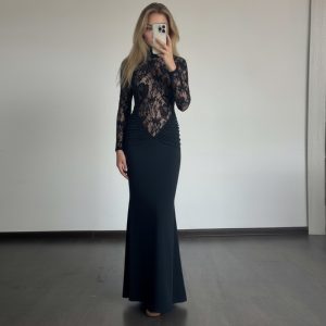 Women's Solid-Color High-Neck Hollow-Out Sheer Lace Bodycon Long-Sleeve Dress