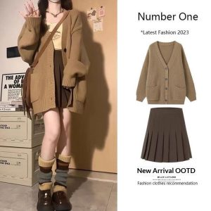 Women's Sweater Jacket And Retro Pleated Skirt Two-Piece Set