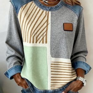 Spliced round Neck Casual Long-sleeved Top