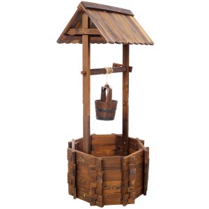 Rustic Wooden Wishing Well Planter Outdoor Home Decor For Patio, Garden, Yard W Hanging Bucket ,20in