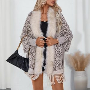 Women's Leopard Poncho With Faux Fur Collar - Fringe Hem Long Sleeve Open Front Cardigan Coat