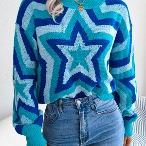 Women Fashion Color Block Star Long Sleeve Pullover Sweater