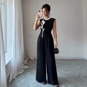 Elegant Embroidered Black Crew-Neck Sleeveless Wide-Leg Jumpsuit