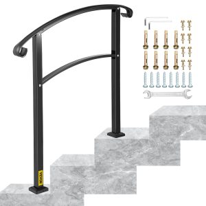 3-Step Transitional Handrail Fits 1 Or 3 Steps Matte Stair Rail Wrought Iron Handrail With Installation Kit Hand Rails For Outdoor Steps (Unadjustable) (Black)