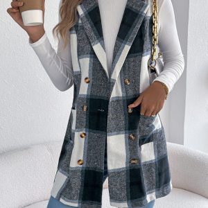 Women's Plaid Double-Breasted Pocket Tweed Long Vest