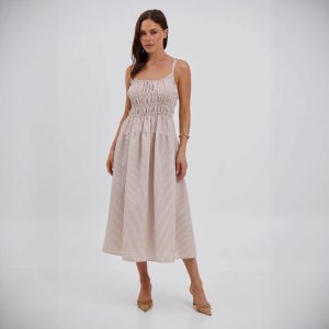 Women's Striped Strappy Waist-Cinching Slimming Dress