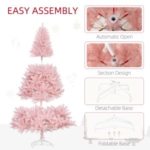 HOMCOM 6' Tall Prelit Christmas Tree Douglas Fir Artificial Christmas Tree With Realistic Branches, 250 Warm White LED Lights And 1000 Tips, Pink
