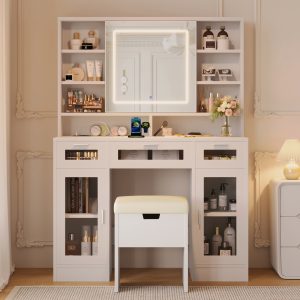 41.3 Makeup Vanity With Sliding Mirror And LED Lights, Dressing Table With  Storage Stool, 3 Drawers And 2 RGB Cabinets, Vanity Desk With Open Shelves And Charging Station, White