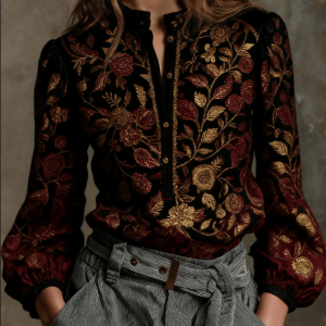 Stand-up Collar Puff Sleeve Casual Long-sleeved Retro Shirt