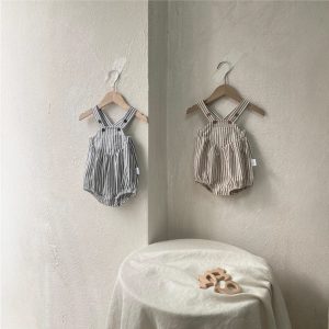 Unisex Striped Short-sleeve Rompers With Suspenders For Summer