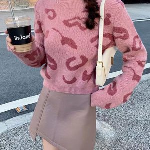 Women's Short Pink Crew-neck Pullover Sweater