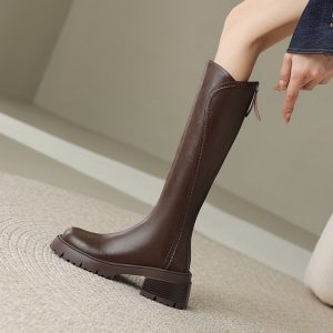 Spring And Autumn Velvet-lined Retro Long Riding Boots With Back Zipper