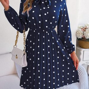 Women's Polka Dot Tie-Waist Long Sleeve Pleated Maxi Dress