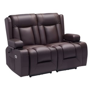 Loveseat Recliner Sofa, Power Reclining Couch With Heating & Massage And Timer, PU Leather Electric Recliner Sofa With USB Ports, Cup Holders And Side Bags, Dual Loveseat Chair For Living Room