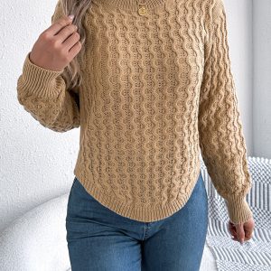 Women Casual Solid Color Cable Knit Lantern Sleeve Irregular Pullover Sweater