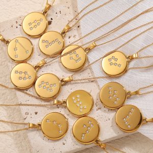 Stainless Steel Pendant Necklace With Zircon-inlaid Round Medallion Featuring Constellation Designsexclusive And Niche