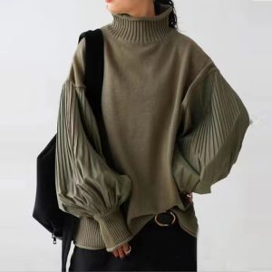 Women's Loose Long Sleeve Turtleneck Sweater Solid Color Soft Ribbed Knit Pullover For Spring Fall Layering