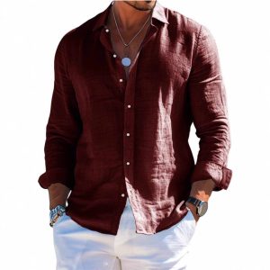 Men's Solid-Colored Lapel Beach Long-Sleeve Shirt