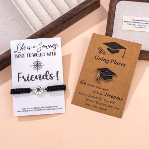 Graduation Season Academic Style Gift Set Handmade Retro Compass Bracelet & Graduation Cap Pin Perfect For Celebrating Academic Achievements