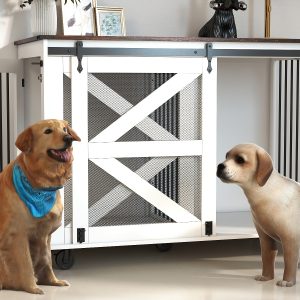 47.2 Mobile Dog Crate With Flip-Top Feeding Door, Dual-Access & 5 Caster System  2 Locking, Side Hooks - Multi-Functional Pet Kennel