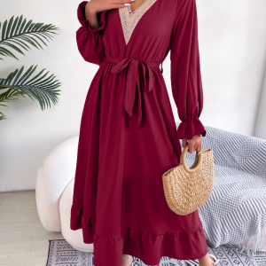 Women's Elegant V-Neck Lace Waist-Defined Hem Ruffle Maxi Dress