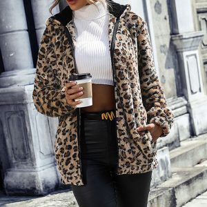 Women's Fuzzy Leopard Jacket, Hooded Plush Zip Up Coat For Fall Winter