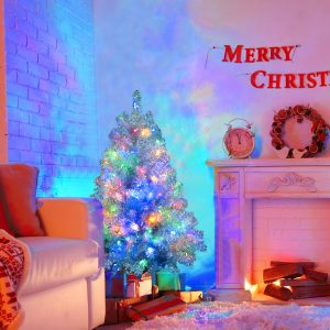 4FT Sliver Pre-Lit Artificial Christmas Tree, Hinged Full Tree With Metal Stand, 400 Branch Tips, 150 LED Lights,11 Lighting Modes, Holiday Decoration Tree For Indoor And Outdoor