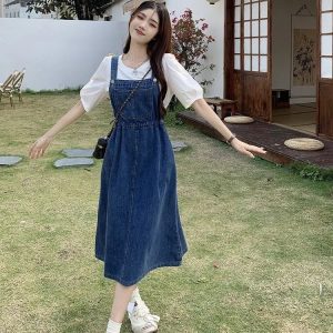 Mid-length Denim Overall Dress For Summer
