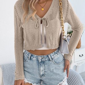 Women Casual Tie Hollow Out Long Sleeve Knit Cardigan Sweater