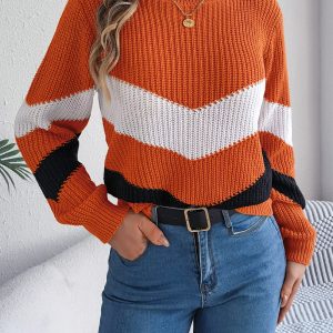 Women Casual Color Block Lantern Sleeve Pullover Sweater