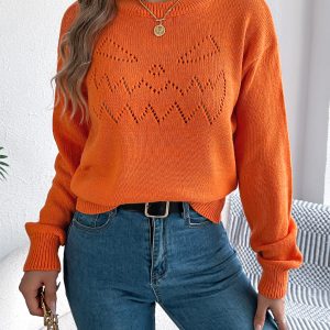 Women Solid Color Hollow Out Lantern Sleeve Pullover Sweater