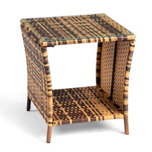 Outdoor Wicker Side Table Patio Side Tables For Outside, Tempered Glass Top Wicker Table With Storage End Table For Balcony Porch Deck