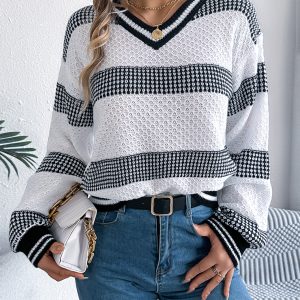 Women V-Neck Color Block Stripe Lantern Sleeve Pullover Sweater