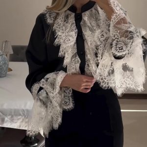 Lack White Lace Ruffle Blouse