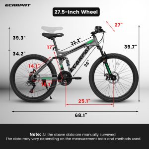 A2760  27.5 Inch Full Suspension Mountain Bike, Front And Rear Dual Shock Absorbers, Mechanical Disc Brakes, 21-Speed, Suitable For Men And Women, Ideal For Travel And Fitness Enthusiasts