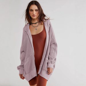 Waffle-knit Cardigan With Zipper Relaxed-fit Women's Hoodie