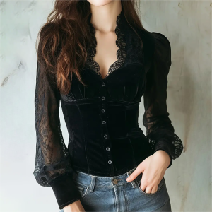 Women's Gothic Velvet Top, V Neck Lace Patchwork Long Sleeve Shirt