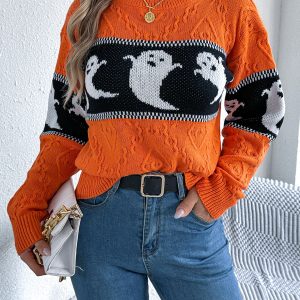 Women Ghost Color Block Long Sleeve Pullover Sweater