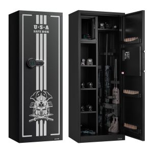 4 Gun Safe, Long Gun Cabinet For Rifles And Pistols, Quick Access Rifle Safe With 3 Ammo Slots And 2 Adjustable Racks, Large Digital Cabinet With Key And Password Lock